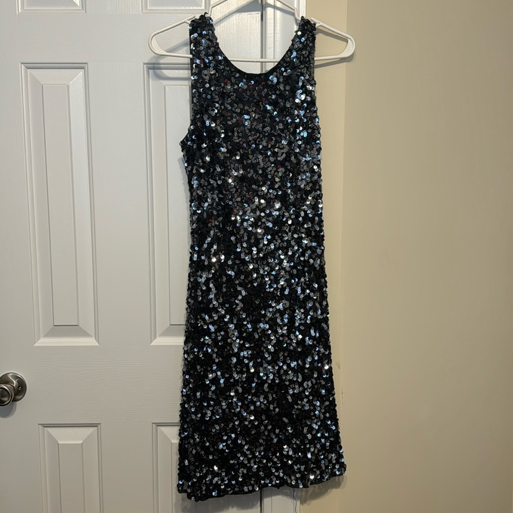 Navy sequin dress with scoop back